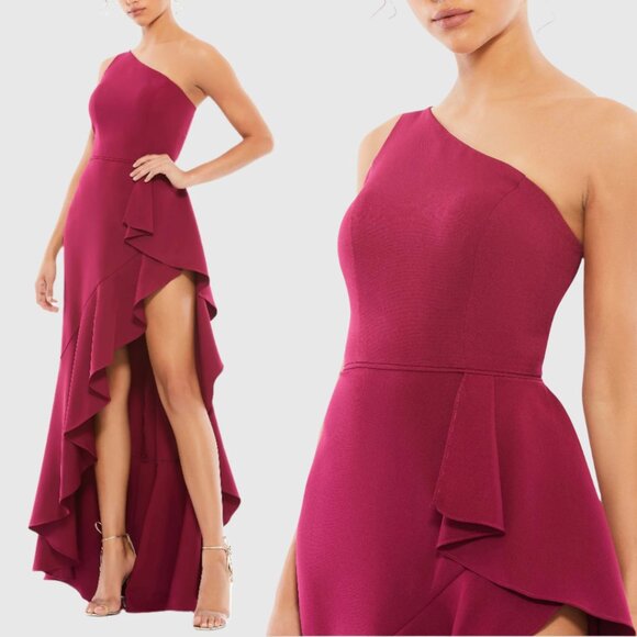 Mac Duggal 49089 Size 0 Berry Red One Shoulder High Slit Ruffle Maxi Dress Gown - Picture 1 of 2